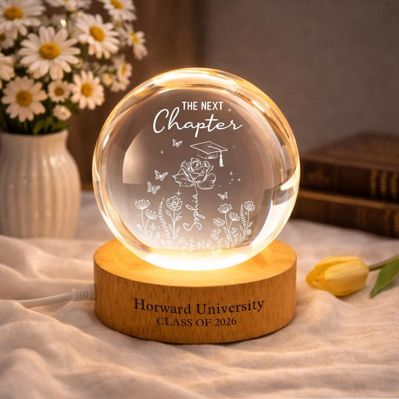 Personalized Birth Flower Crystal Ball Night Light, Custom Name Engraved LED Lamp, Graduation Gift Class of 2026, Unique Gift for Her