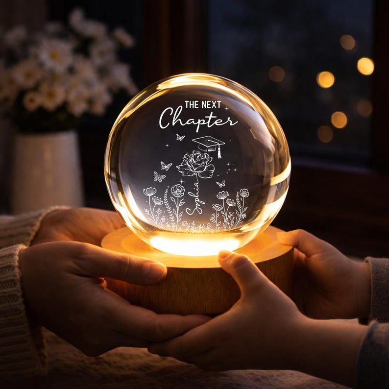 Personalized Birth Flower Crystal Ball Night Light, Custom Name Engraved LED Lamp, Graduation Gift Class of 2026, Unique Gift for Her
