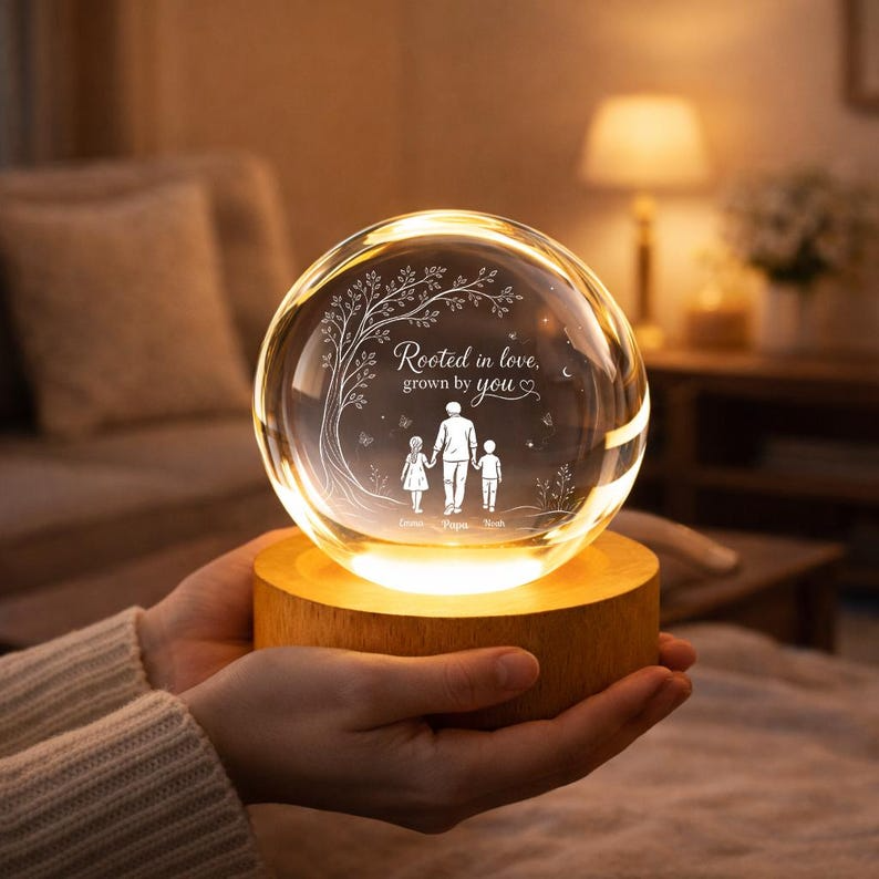 Personalized Dad Crystal Ball Night Light, Custom Family Engraved LED Lamp, Father’s Day Gift from Kids, Best Dad Ever Keepsake Decor