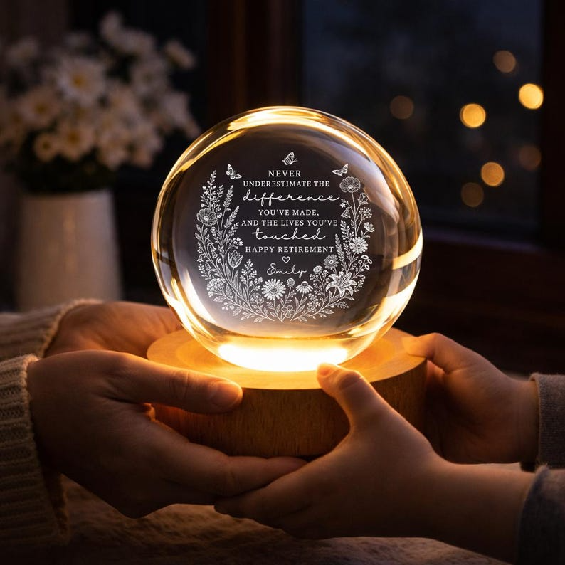 Personalized Retirement Crystal Ball Night Light, Custom Engraved Appreciation Gift for Teacher Nurse Coworker, Keepsake Decor