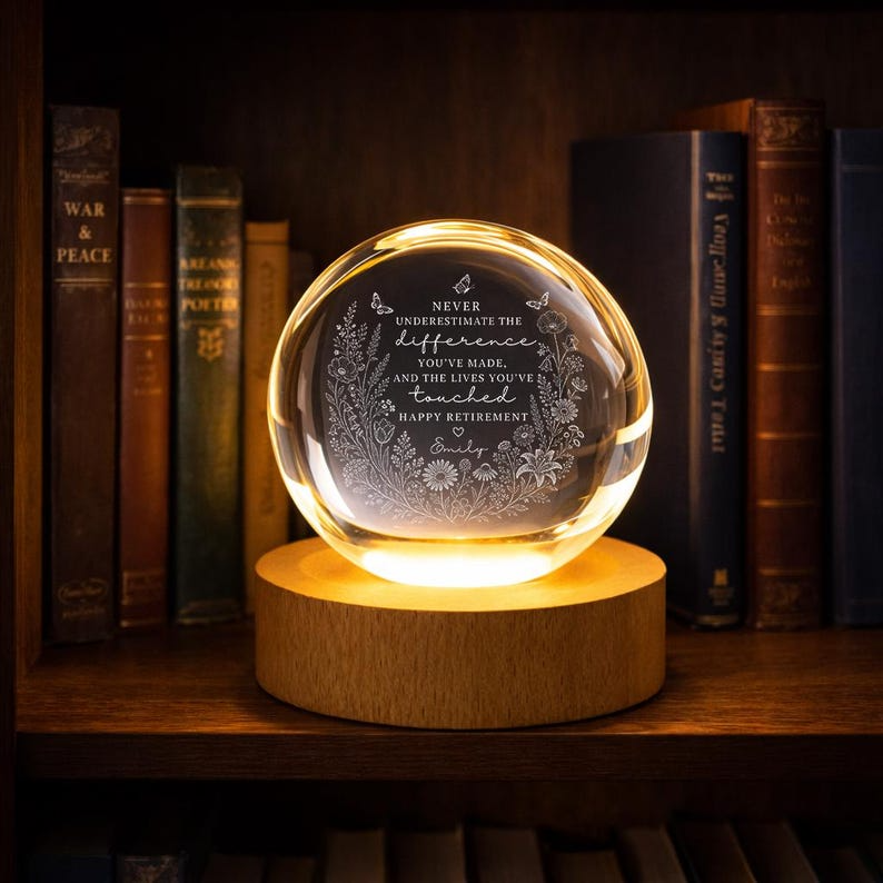 Personalized Retirement Crystal Ball Night Light, Custom Engraved Appreciation Gift for Teacher Nurse Coworker, Keepsake Decor
