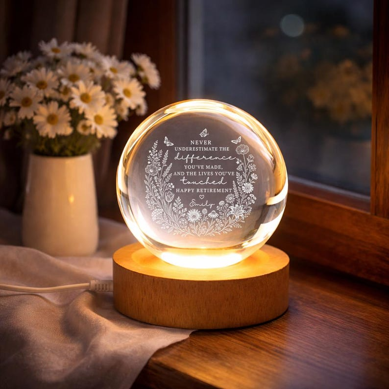 Personalized Retirement Crystal Ball Night Light, Custom Engraved Appreciation Gift for Teacher Nurse Coworker, Keepsake Decor