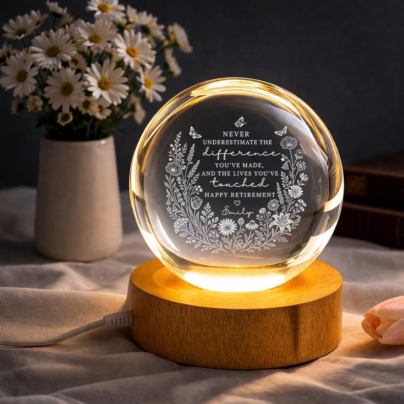 Personalized Retirement Crystal Ball Night Light, Custom Engraved Appreciation Gift for Teacher Nurse Coworker, Keepsake Decor