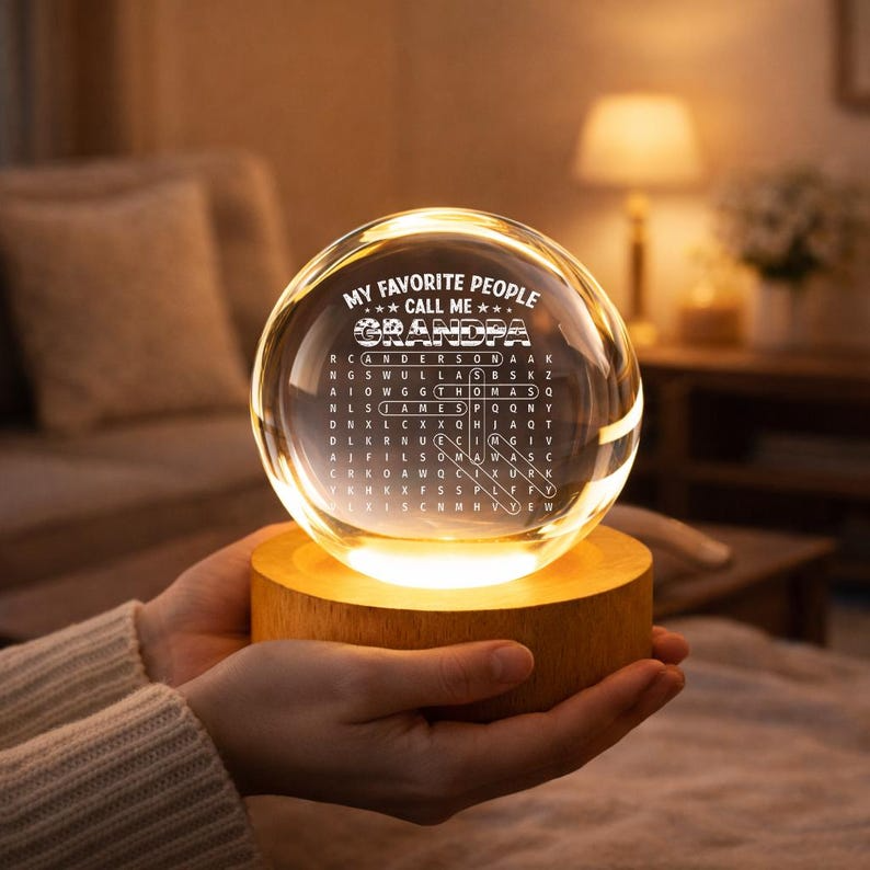 Personalized Grandpa Crystal Ball Night Light with Grandkids Names, Custom Word Search Family Keepsake LED Lamp for Grandpa