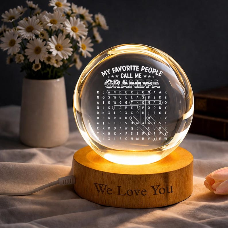Personalized Grandpa Crystal Ball Night Light with Grandkids Names, Custom Word Search Family Keepsake LED Lamp for Grandpa