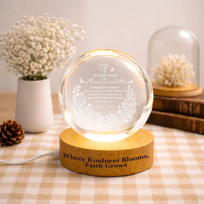 Personalized Christian Teacher Crystal Ball Night Light, Custom Floral Faith Teacher Appreciation LED Lamp Keepsake Decor Gift