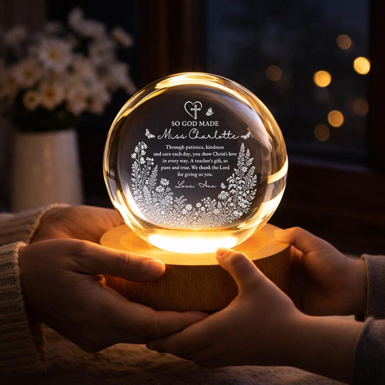 Personalized Christian Teacher Crystal Ball Night Light, Custom Floral Faith Teacher Appreciation LED Lamp Keepsake Decor Gift