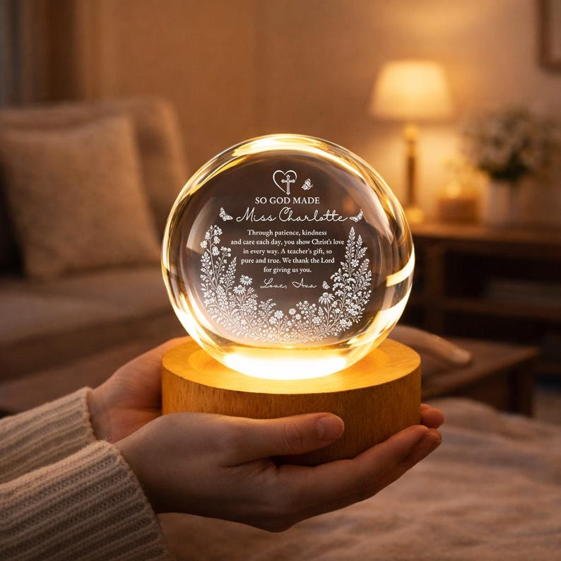 Personalized Christian Teacher Crystal Ball Night Light, Custom Floral Faith Teacher Appreciation LED Lamp Keepsake Decor Gift