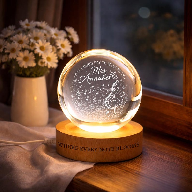Personalized Music Teacher Crystal Ball Night Light, Custom Musical Notes LED Lamp, Choir Piano Teacher Appreciation Gift Decor