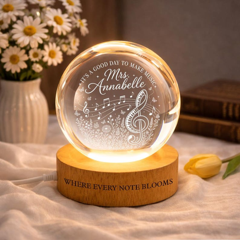 Personalized Music Teacher Crystal Ball Night Light, Custom Musical Notes LED Lamp, Choir Piano Teacher Appreciation Gift Decor