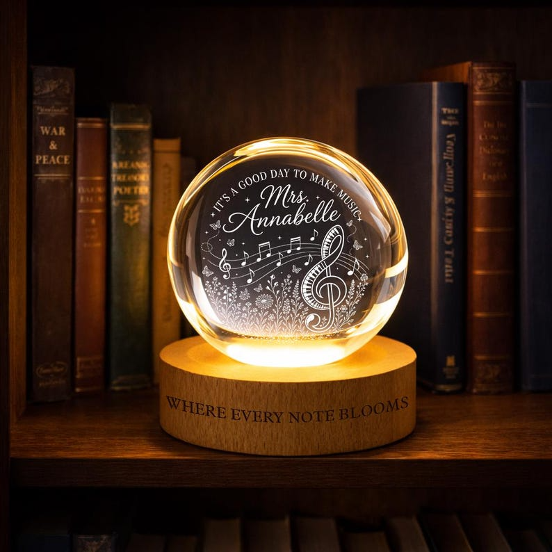 Personalized Music Teacher Crystal Ball Night Light, Custom Musical Notes LED Lamp, Choir Piano Teacher Appreciation Gift Decor