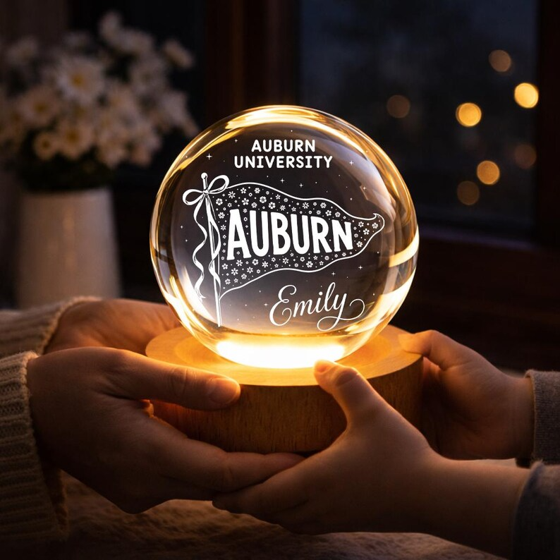 Personalized College Pennant Crystal Ball Night Light, Custom University Flag LED Lamp, Class of 2026 Graduation Keepsake Decor Gift