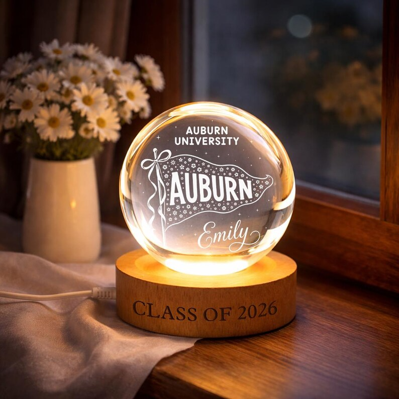 Personalized College Pennant Crystal Ball Night Light, Custom University Flag LED Lamp, Class of 2026 Graduation Keepsake Decor Gift