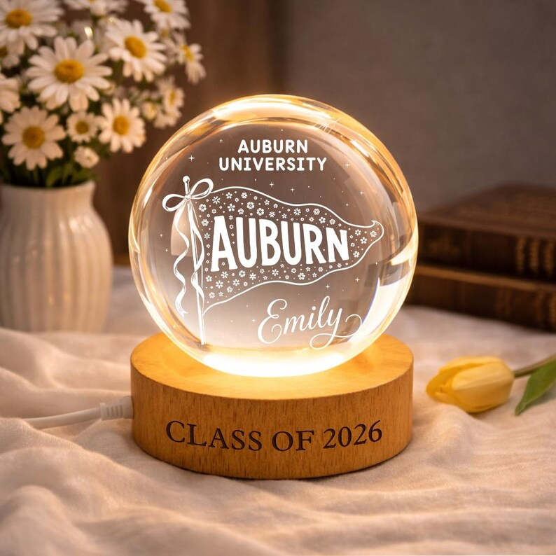 Personalized College Pennant Crystal Ball Night Light, Custom University Flag LED Lamp, Class of 2026 Graduation Keepsake Decor Gift