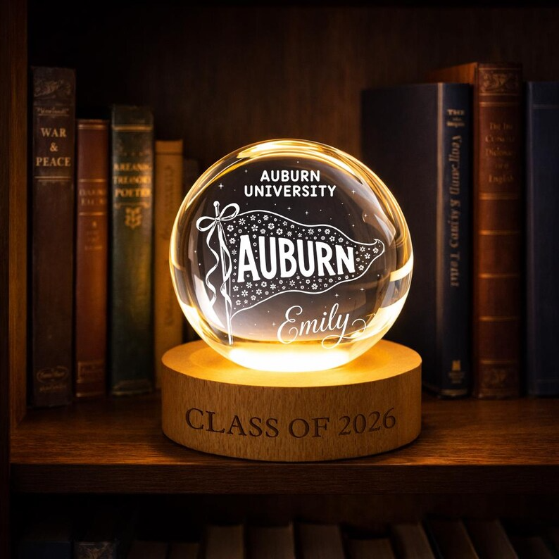 Personalized College Pennant Crystal Ball Night Light, Custom University Flag LED Lamp, Class of 2026 Graduation Keepsake Decor Gift