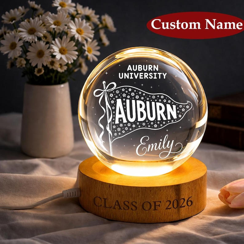 Personalized College Pennant Crystal Ball Night Light, Custom University Flag LED Lamp, Class of 2026 Graduation Keepsake Decor Gift