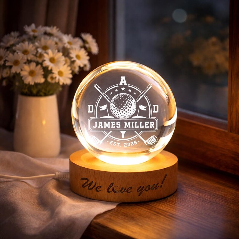Personalized Golf Crest Crystal Ball Night Light, Custom Golfer Name LED Lamp, Golf Dad Gift, Sports Keepsake Decor
