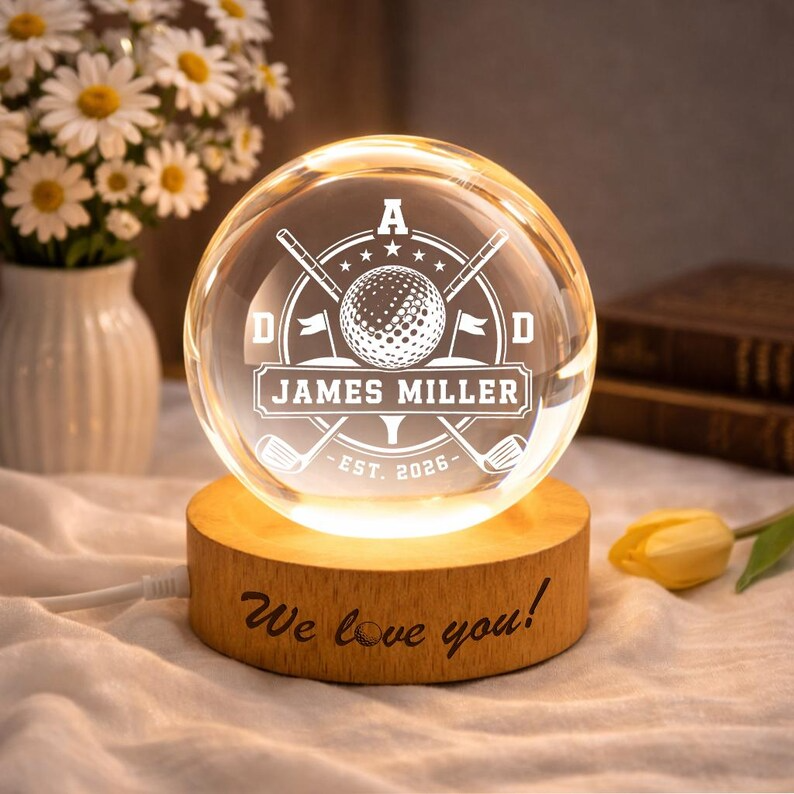 Personalized Golf Crest Crystal Ball Night Light, Custom Golfer Name LED Lamp, Golf Dad Gift, Sports Keepsake Decor