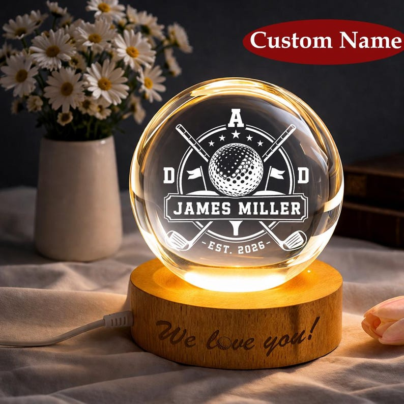 Personalized Golf Crest Crystal Ball Night Light, Custom Golfer Name LED Lamp, Golf Dad Gift, Sports Keepsake Decor