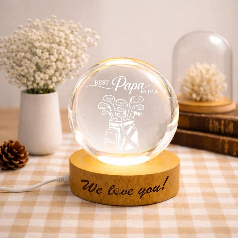 Personalized Golf Papa Crystal Ball Night Light, Custom Golf Bag With Kids Names LED Lamp, Grandpa Golfer Gift For Father's Day
