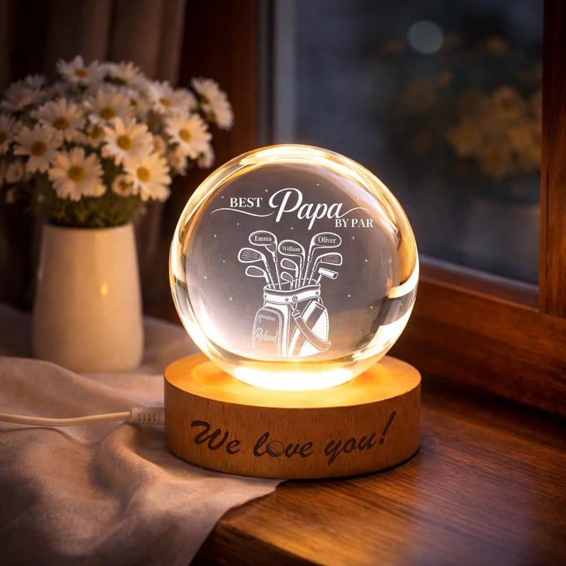 Personalized Golf Papa Crystal Ball Night Light, Custom Golf Bag With Kids Names LED Lamp, Grandpa Golfer Gift For Father's Day