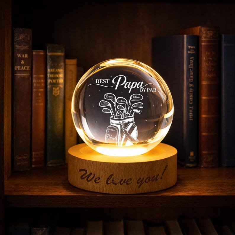 Personalized Golf Papa Crystal Ball Night Light, Custom Golf Bag With Kids Names LED Lamp, Grandpa Golfer Gift For Father's Day