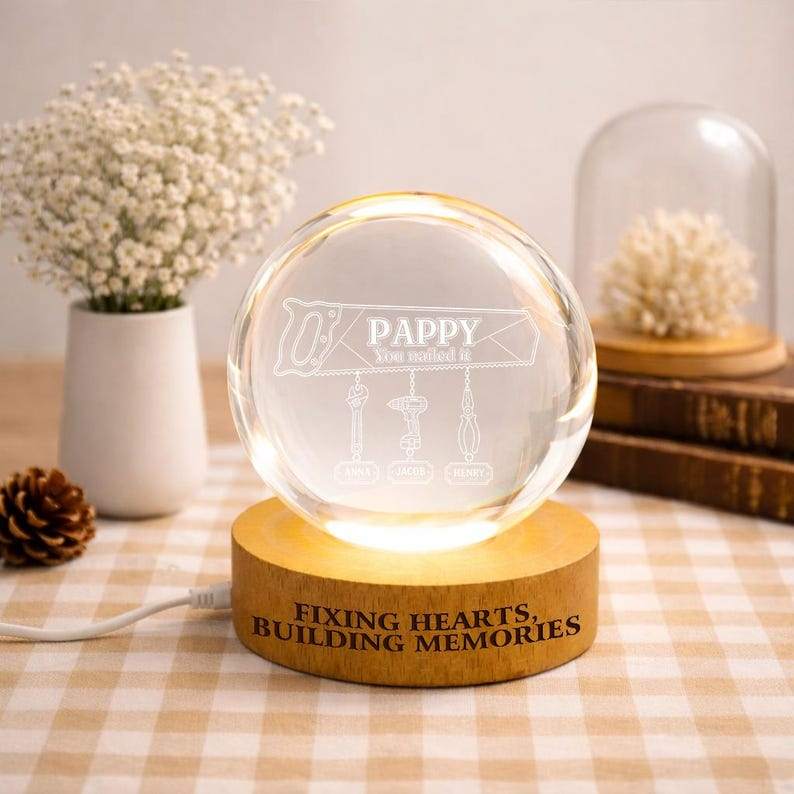Personalized Handyman Pappy Crystal Ball Night Light, Custom Hanging Tool Names LED Lamp, Grandpa Workshop Gift Decor For Father's Day
