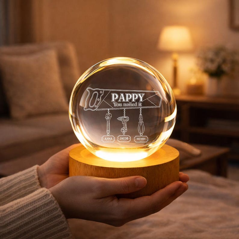 Personalized Handyman Pappy Crystal Ball Night Light, Custom Hanging Tool Names LED Lamp, Grandpa Workshop Gift Decor For Father's Day