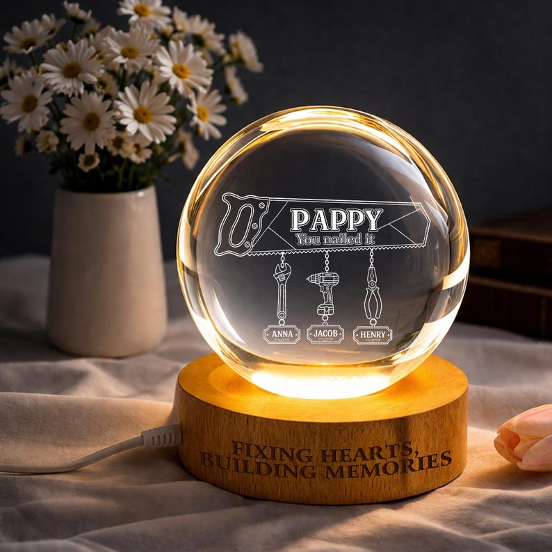 Personalized Handyman Pappy Crystal Ball Night Light, Custom Hanging Tool Names LED Lamp, Grandpa Workshop Gift Decor For Father's Day