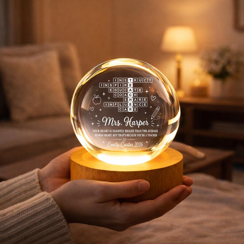 Personalized Teacher Crossword Crystal Ball Night Light, Custom Teacher Name LED Lamp, Teacher Appreciation Gift, End of Year Keepsake