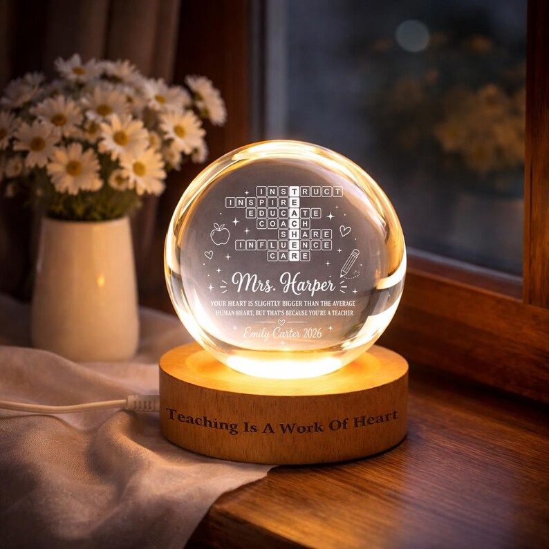 Personalized Teacher Crossword Crystal Ball Night Light, Custom Teacher Name LED Lamp, Teacher Appreciation Gift, End of Year Keepsake