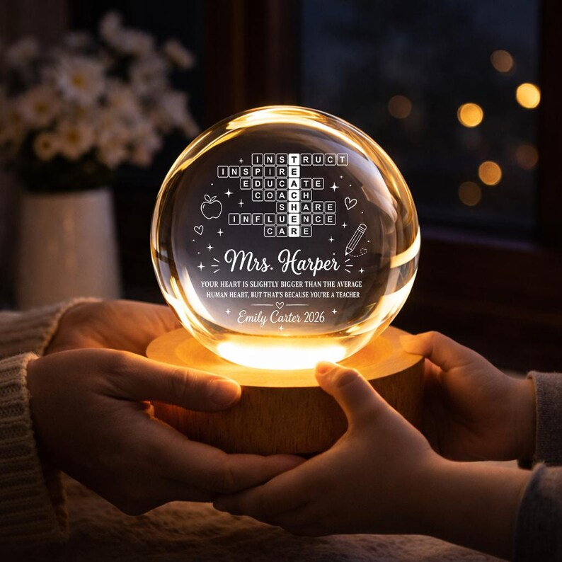 Personalized Teacher Crossword Crystal Ball Night Light, Custom Teacher Name LED Lamp, Teacher Appreciation Gift, End of Year Keepsake