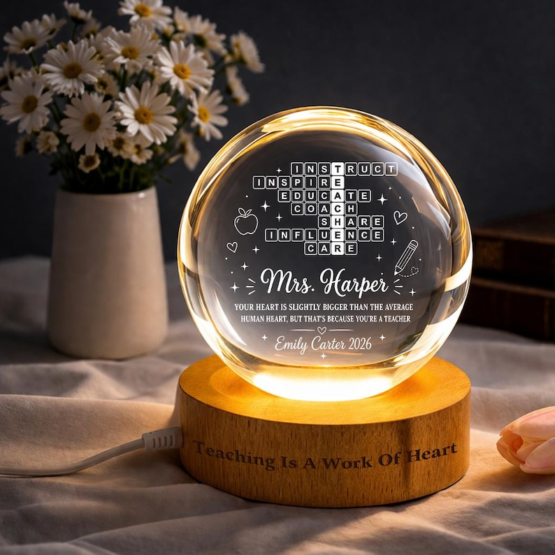 Personalized Teacher Crossword Crystal Ball Night Light, Custom Teacher Name LED Lamp, Teacher Appreciation Gift, End of Year Keepsake