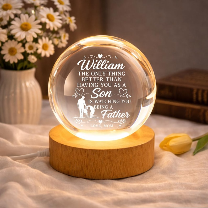 First Father's Day Crystal Ball Night Light, Personalized New Dad Gift From Mom, Custom Name Engraved Lamp for First Time Dad Keepsake Decor