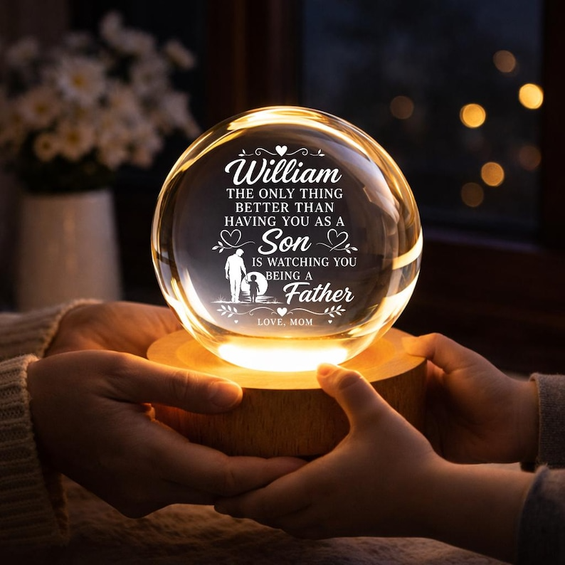 First Father's Day Crystal Ball Night Light, Personalized New Dad Gift From Mom, Custom Name Engraved Lamp for First Time Dad Keepsake Decor