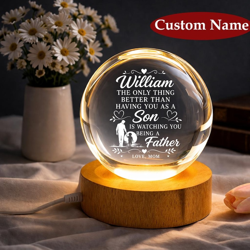 First Father's Day Crystal Ball Night Light, Personalized New Dad Gift From Mom, Custom Name Engraved Lamp for First Time Dad Keepsake Decor