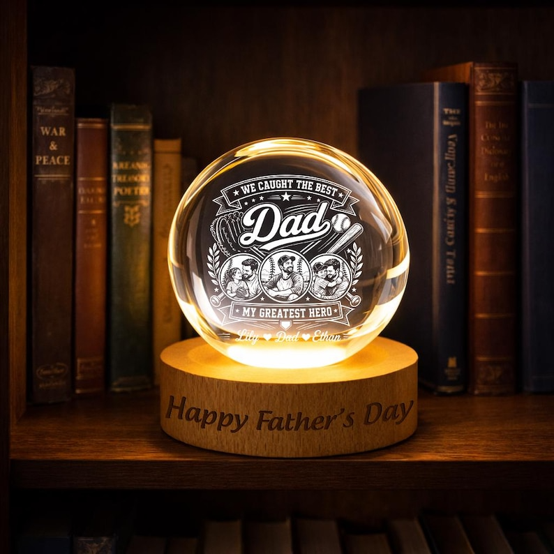 Personalized Dad Gift, Custom Crystal Ball Night Light from Kids, Father's Day Gift for Dad, Baseball Dad Keepsake Lamp Decor for Desk Gift