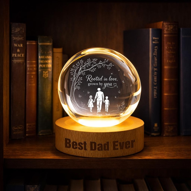 Personalized Dad Crystal Ball Night Light, Custom Family Engraved LED Lamp, Father’s Day Gift from Kids, Best Dad Ever Keepsake Decor