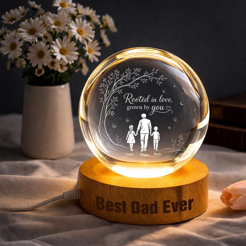 Personalized Dad Crystal Ball Night Light, Custom Family Engraved LED Lamp, Father’s Day Gift from Kids, Best Dad Ever Keepsake Decor