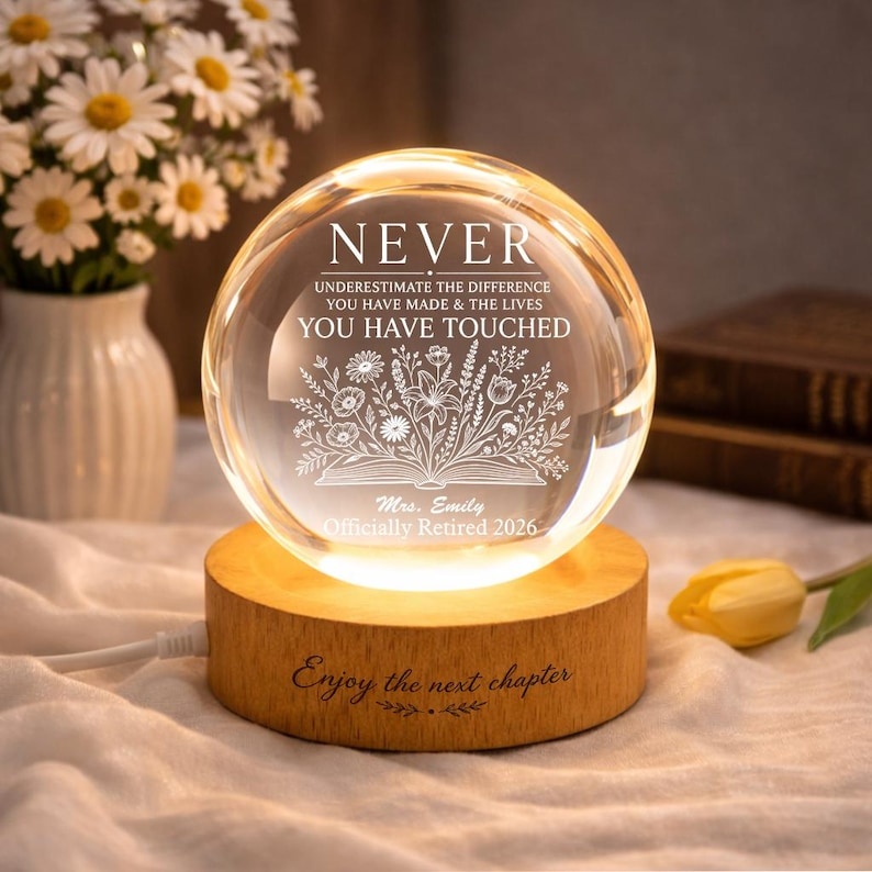 Personalized Crystal Ball Night Light Retirement Gift, Custom Engraved Teacher Appreciation Lamp, Educator Keepsake LED Decor 2026