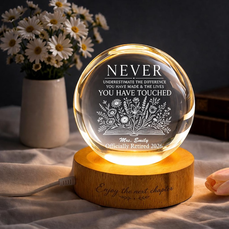 Personalized Crystal Ball Night Light Retirement Gift, Custom Engraved Teacher Appreciation Lamp, Educator Keepsake LED Decor 2026