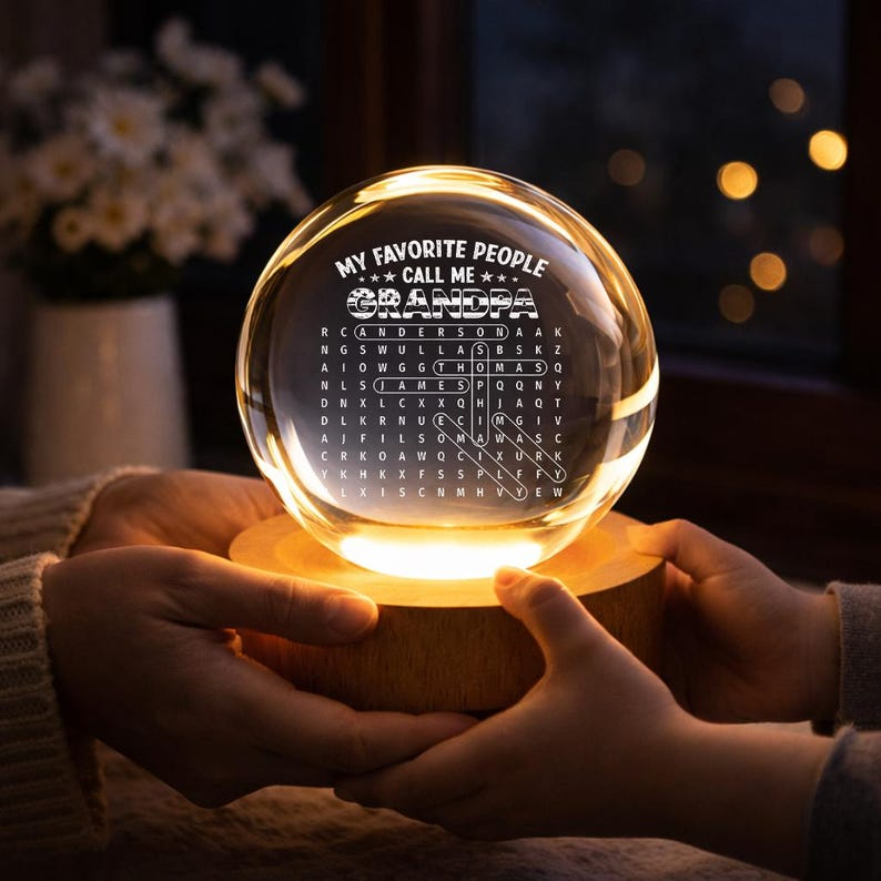 Personalized Grandpa Crystal Ball Night Light with Grandkids Names, Custom Word Search Family Keepsake LED Lamp for Grandpa