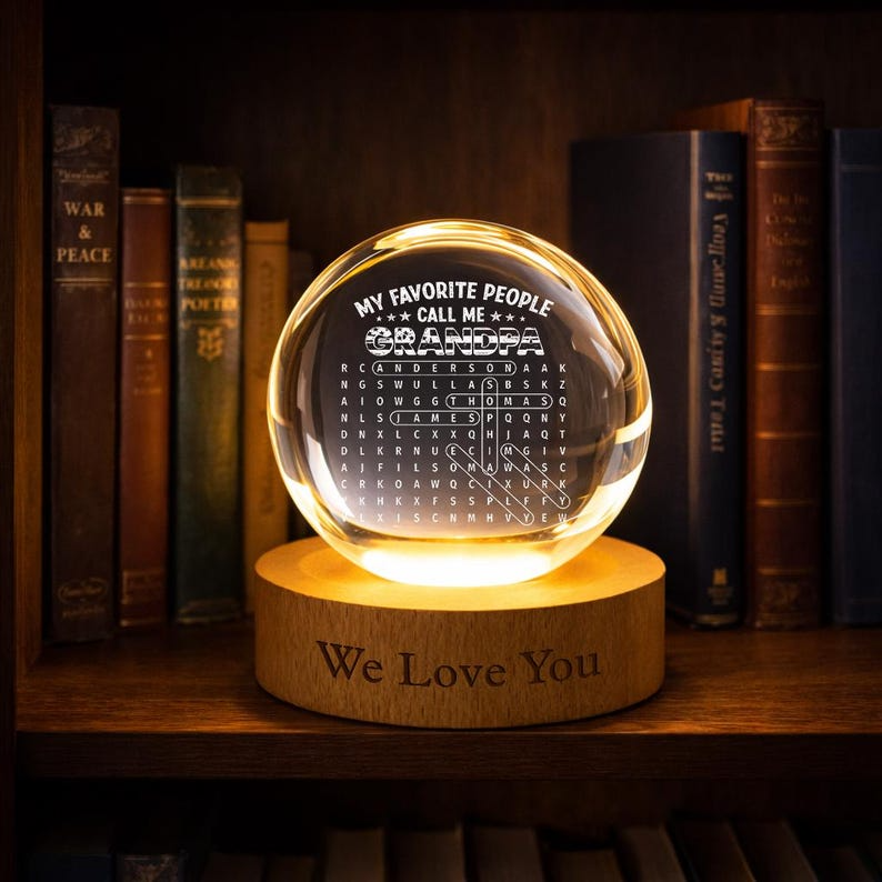 Personalized Grandpa Crystal Ball Night Light with Grandkids Names, Custom Word Search Family Keepsake LED Lamp for Grandpa