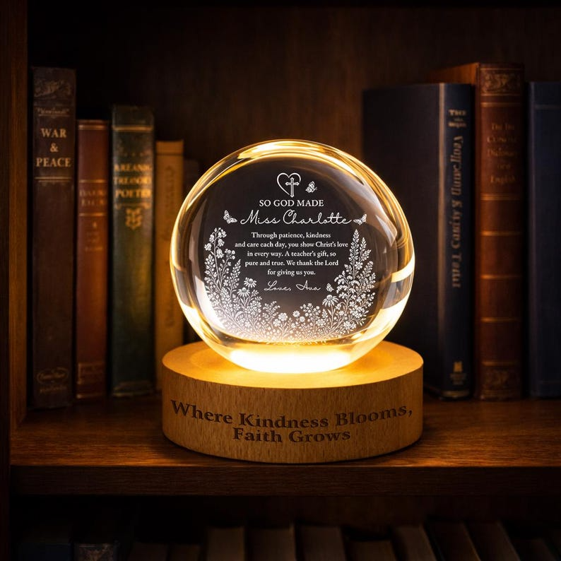 Personalized Christian Teacher Crystal Ball Night Light, Custom Floral Faith Teacher Appreciation LED Lamp Keepsake Decor Gift