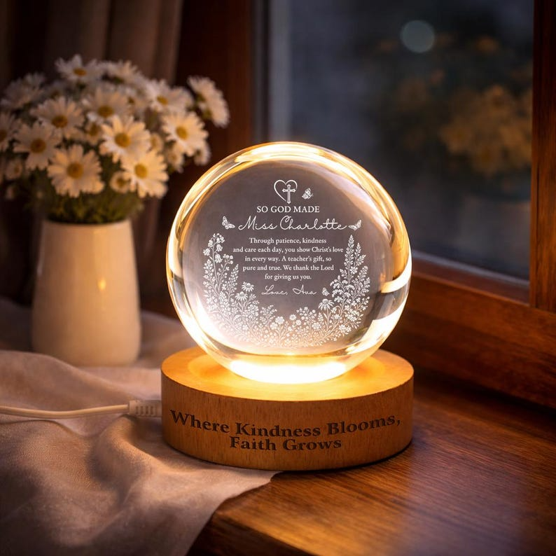 Personalized Christian Teacher Crystal Ball Night Light, Custom Floral Faith Teacher Appreciation LED Lamp Keepsake Decor Gift