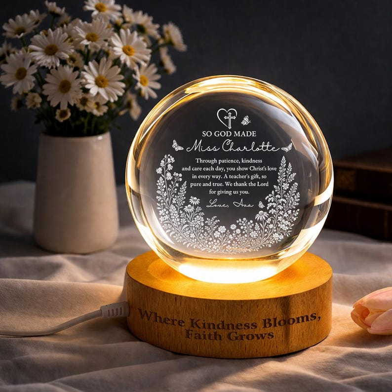 Personalized Christian Teacher Crystal Ball Night Light, Custom Floral Faith Teacher Appreciation LED Lamp Keepsake Decor Gift