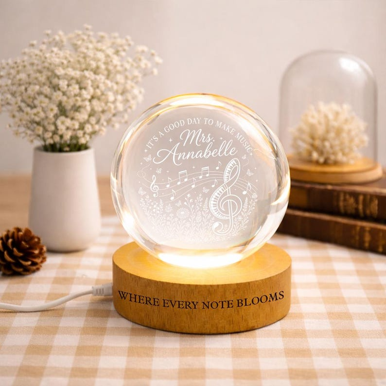 Personalized Music Teacher Crystal Ball Night Light, Custom Musical Notes LED Lamp, Choir Piano Teacher Appreciation Gift Decor