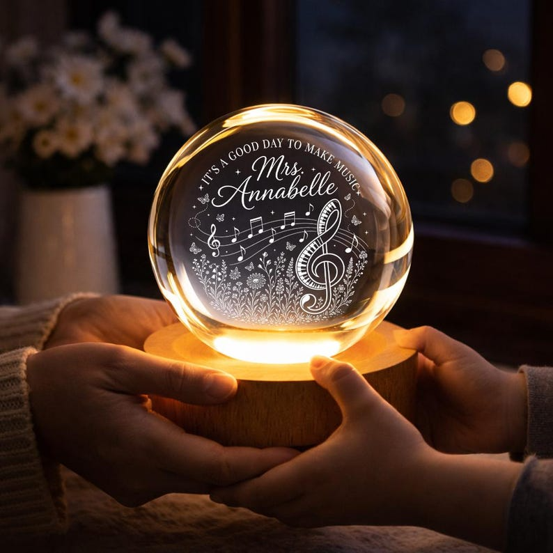 Personalized Music Teacher Crystal Ball Night Light, Custom Musical Notes LED Lamp, Choir Piano Teacher Appreciation Gift Decor