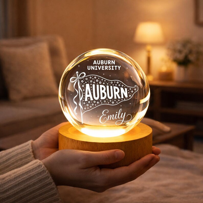 Personalized College Pennant Crystal Ball Night Light, Custom University Flag LED Lamp, Class of 2026 Graduation Keepsake Decor Gift