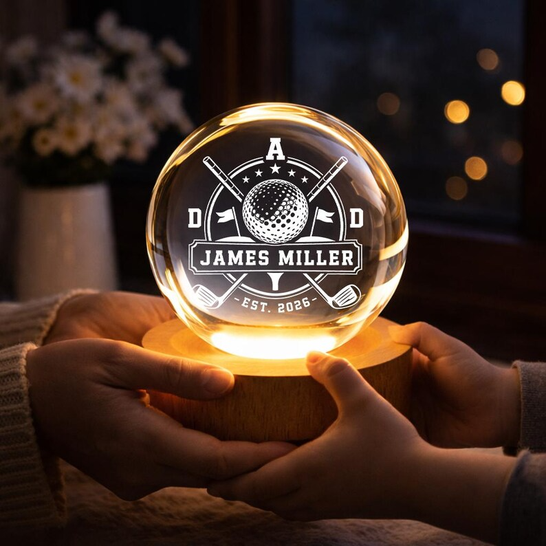 Personalized Golf Crest Crystal Ball Night Light, Custom Golfer Name LED Lamp, Golf Dad Gift, Sports Keepsake Decor